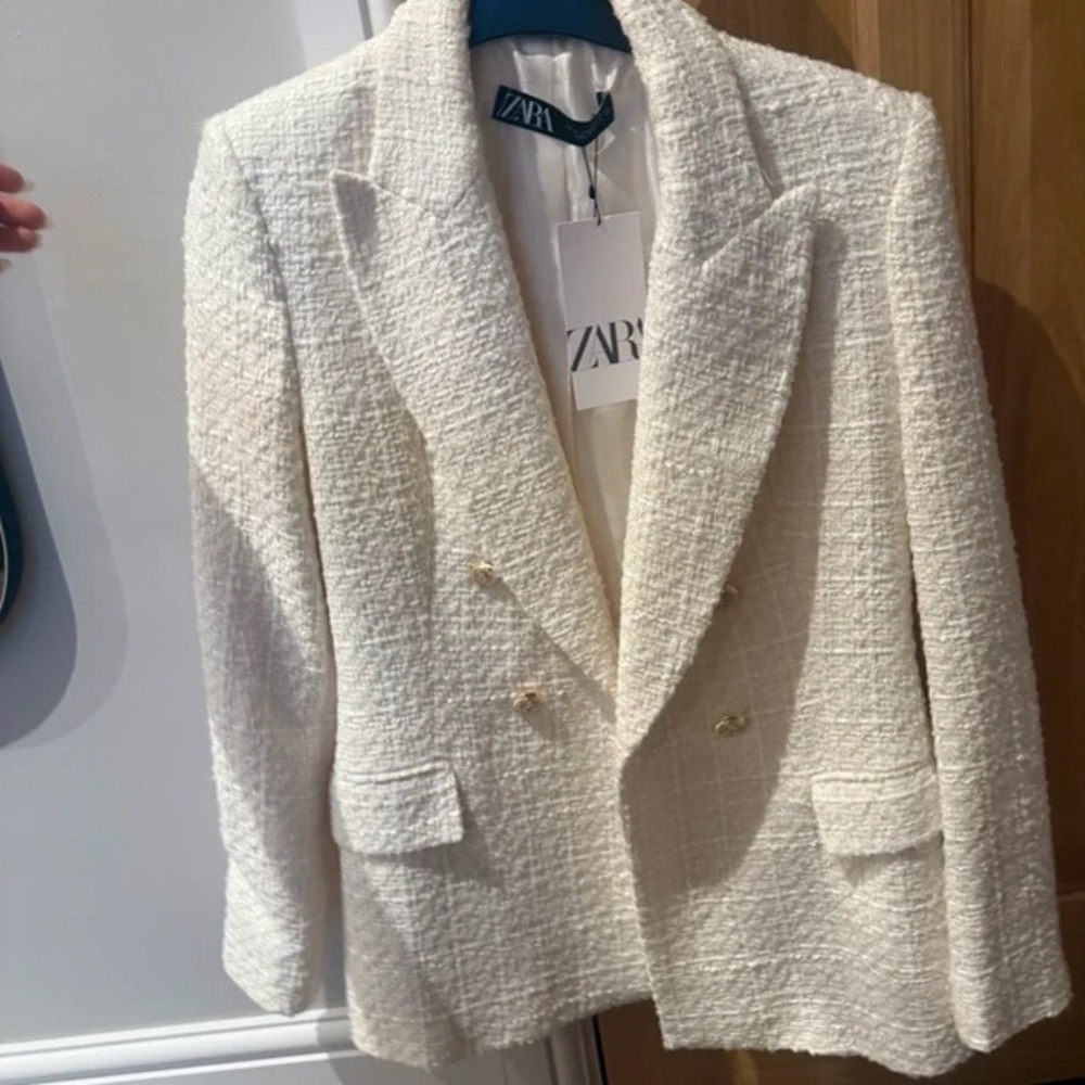 Zara Women's Cream Textured Blazer with Gold Buttons